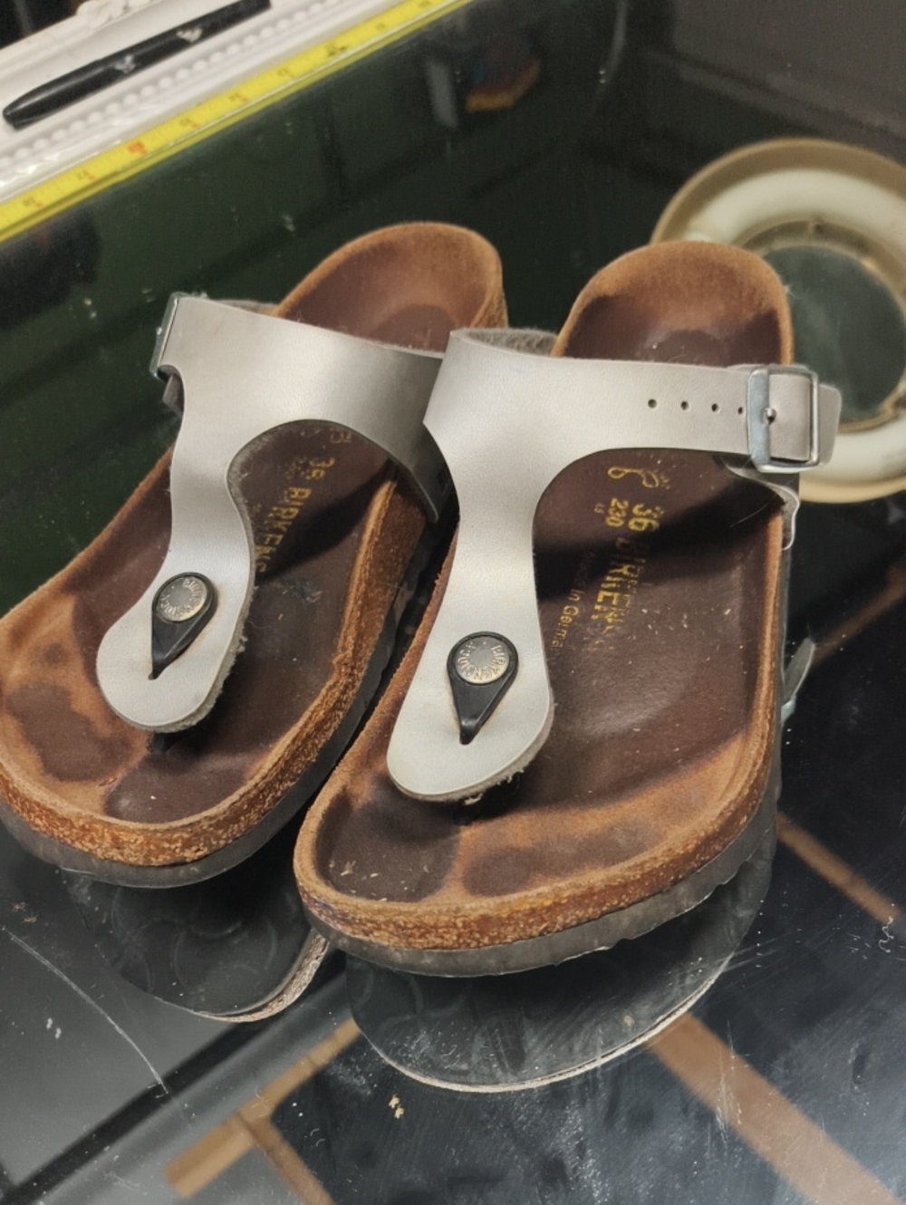 Women's 6 silver metallic Birkenstock Gizeh thong sandals. From Me To You.